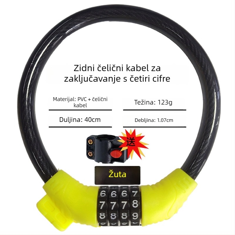 Keyma brava s lozinkom za bicikle, motocikle i električna vozila — četveroznačni kod, PVC-čelični kabel, 100 g