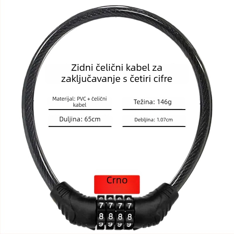 Keyma brava s lozinkom za bicikle, motocikle i električna vozila — četveroznačni kod, PVC-čelični kabel, 100 g