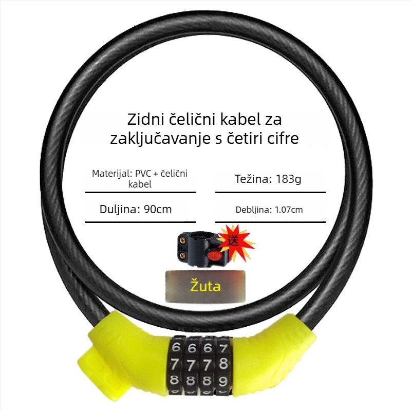 Keyma brava s lozinkom za bicikle, motocikle i električna vozila — četveroznačni kod, PVC-čelični kabel, 100 g