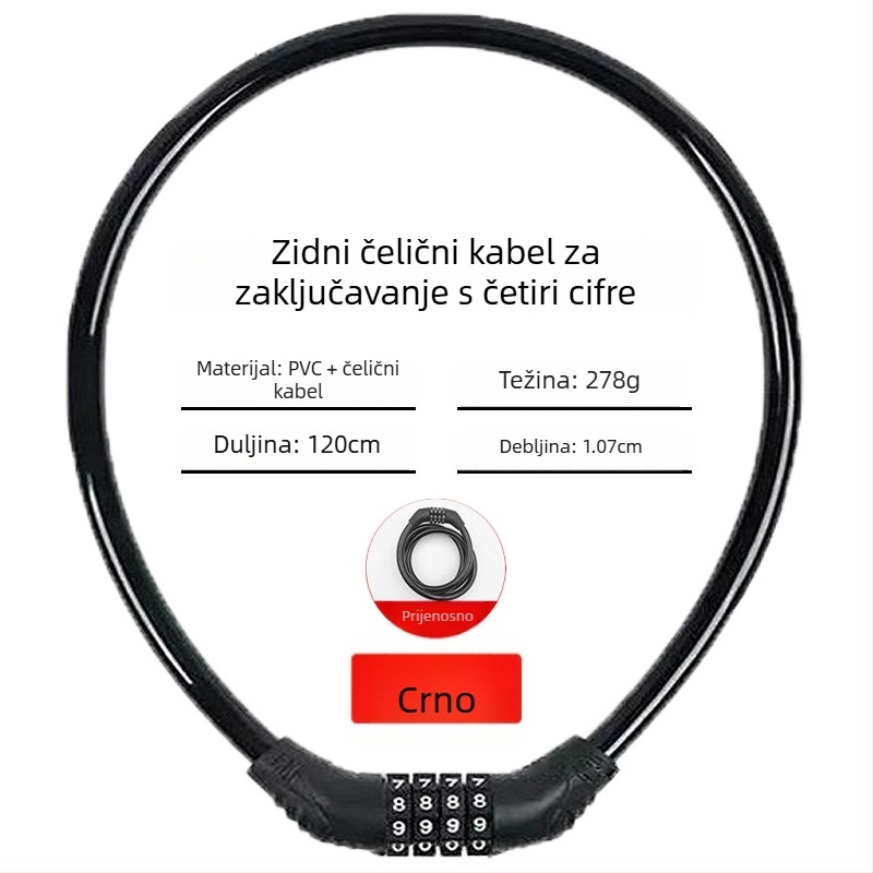 Keyma brava s lozinkom za bicikle, motocikle i električna vozila — četveroznačni kod, PVC-čelični kabel, 100 g