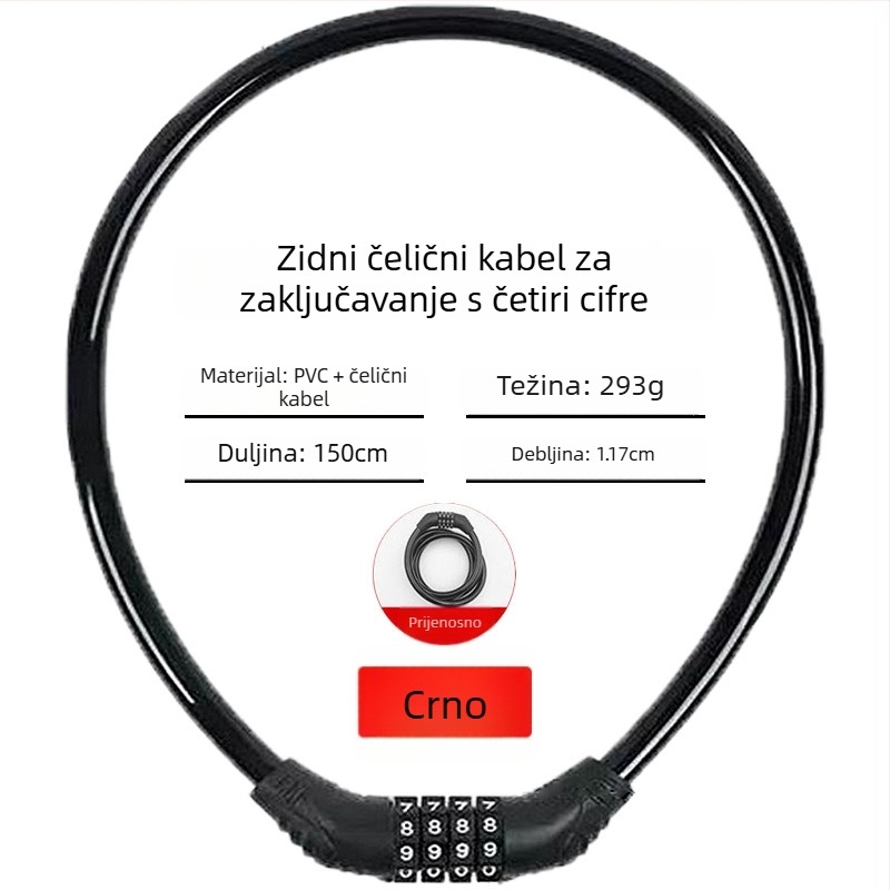 Keyma brava s lozinkom za bicikle, motocikle i električna vozila — četveroznačni kod, PVC-čelični kabel, 100 g