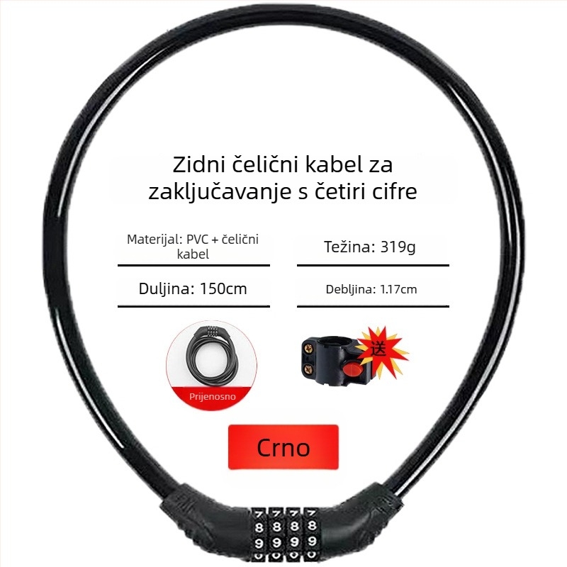 Keyma brava s lozinkom za bicikle, motocikle i električna vozila — četveroznačni kod, PVC-čelični kabel, 100 g