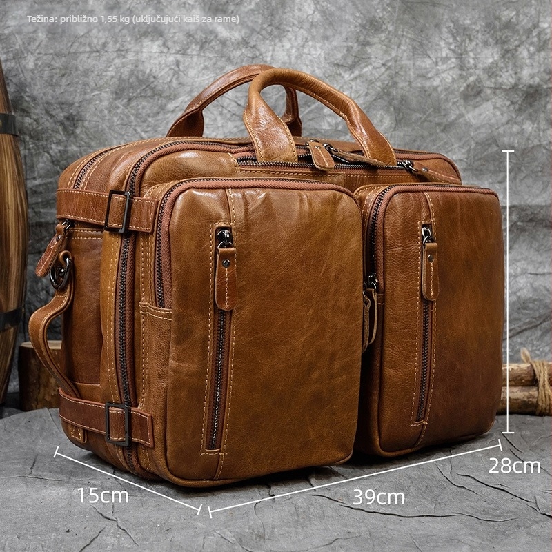 Kožna poslovna torba s naramenicom preko tijela, tri namjene, koža prvog sloja goveda, gradski stil, model 7408