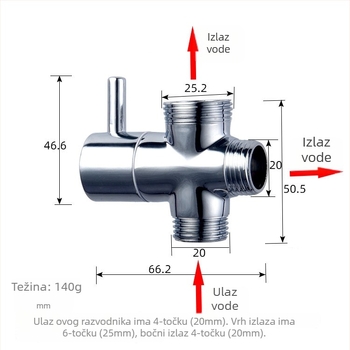 Troje-puta četveroporni tuš ventil s bakrenim tijelom, 1 ulaz/2 izlaza, navoji, 0–90°C