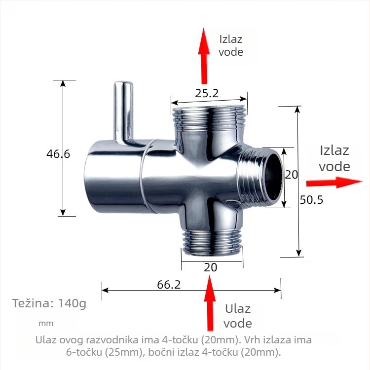 Troje-puta četveroporni tuš ventil s bakrenim tijelom, 1 ulaz/2 izlaza, navoji, 0–90°C