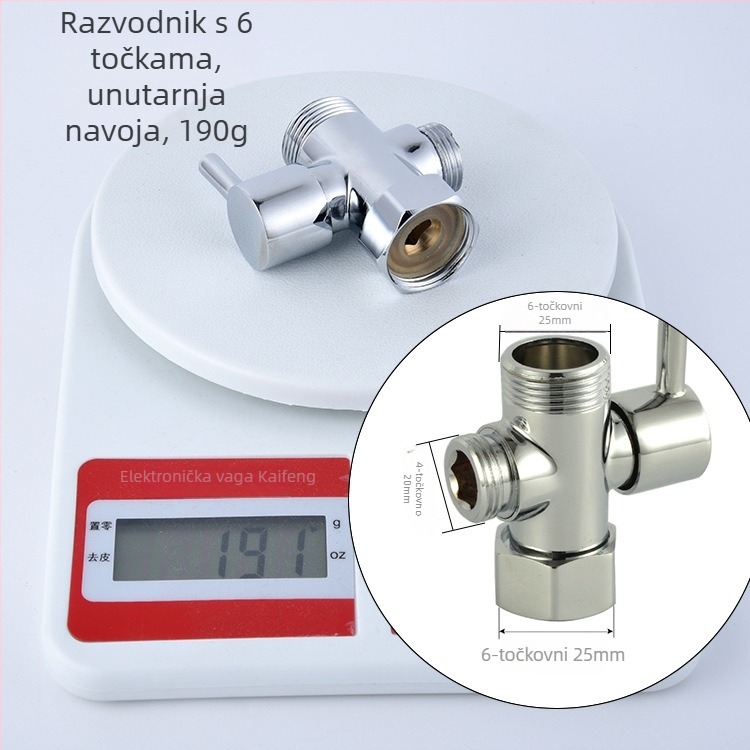 Troje-puta četveroporni tuš ventil s bakrenim tijelom, 1 ulaz/2 izlaza, navoji, 0–90°C