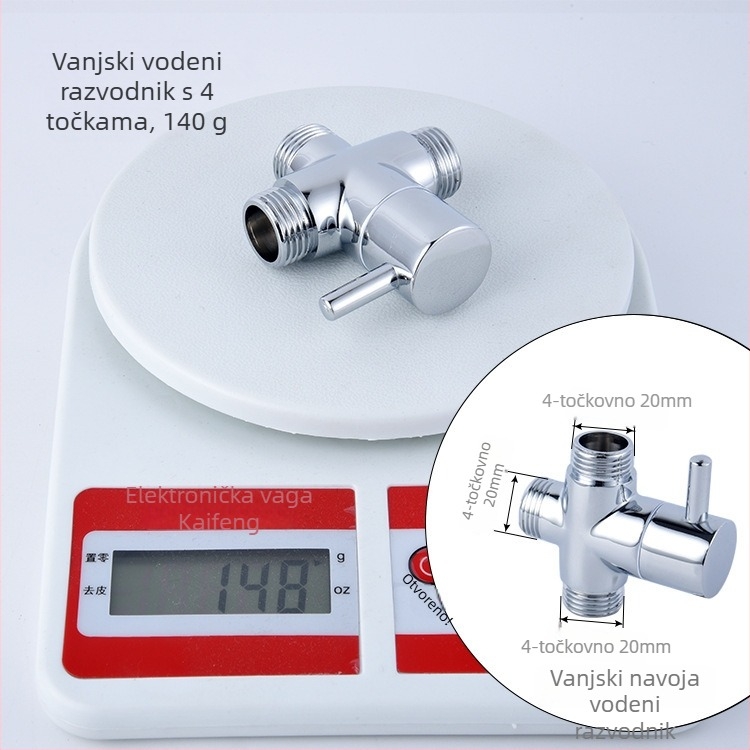 Troje-puta četveroporni tuš ventil s bakrenim tijelom, 1 ulaz/2 izlaza, navoji, 0–90°C