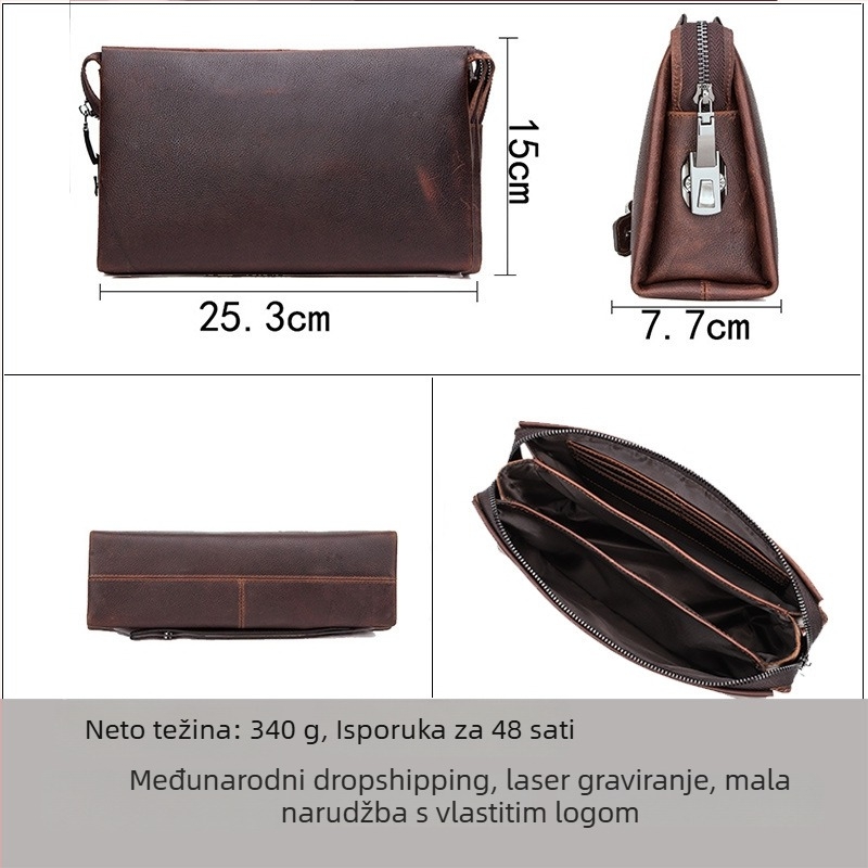 Muška clutch torba — prava koža; otporna na habanje; podstava od poliestera; jednostavan uzorak; jesen 2023