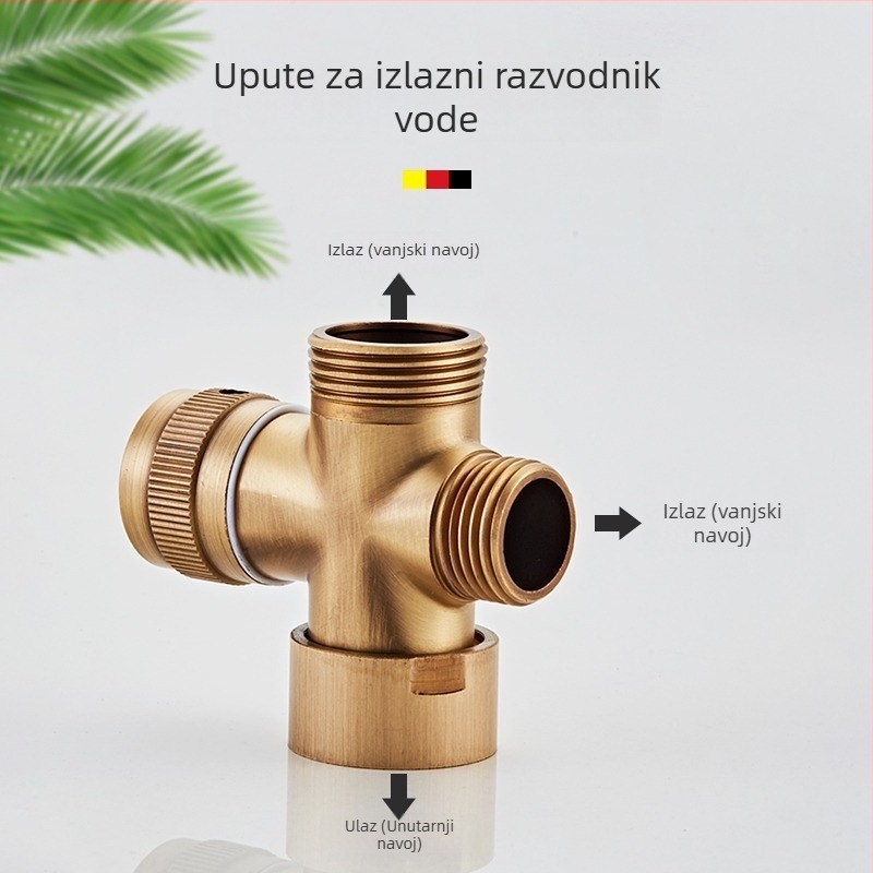 Bakreni troputni razdjelnik vode s tuš adapterom, starinski završetak, Moton