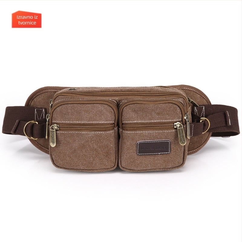 Muška platnena torba za struk od platna - Višenamjenska, Prozračna, Korejskog stila, Veliki kapacitet (Canvas; Breathable; Polyester lining; Leisure travel; Men's Fanny Pack)