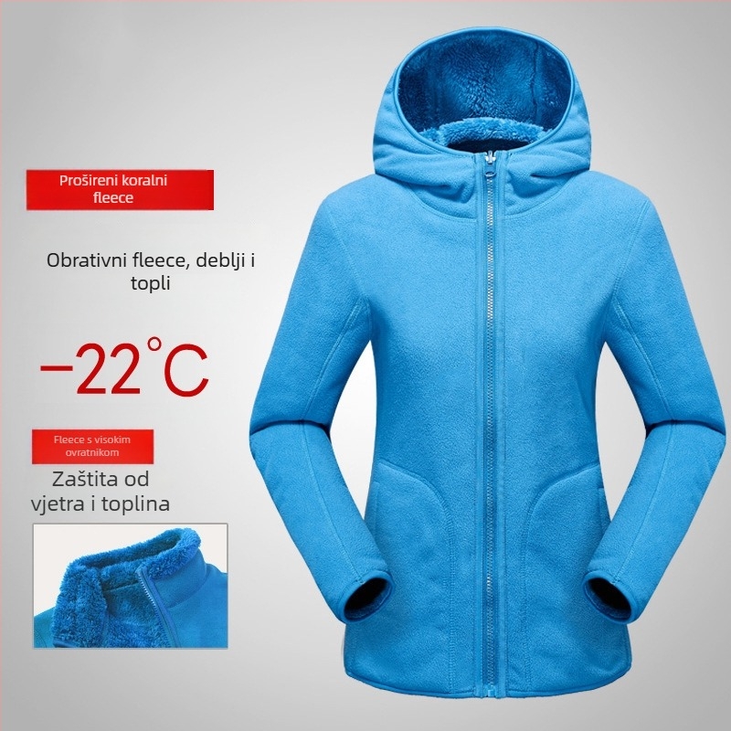 Unisex jakna od coral fleece s kapuljačom za jesen i zimu, toplina s polar fleece podstava, kardigan stil.