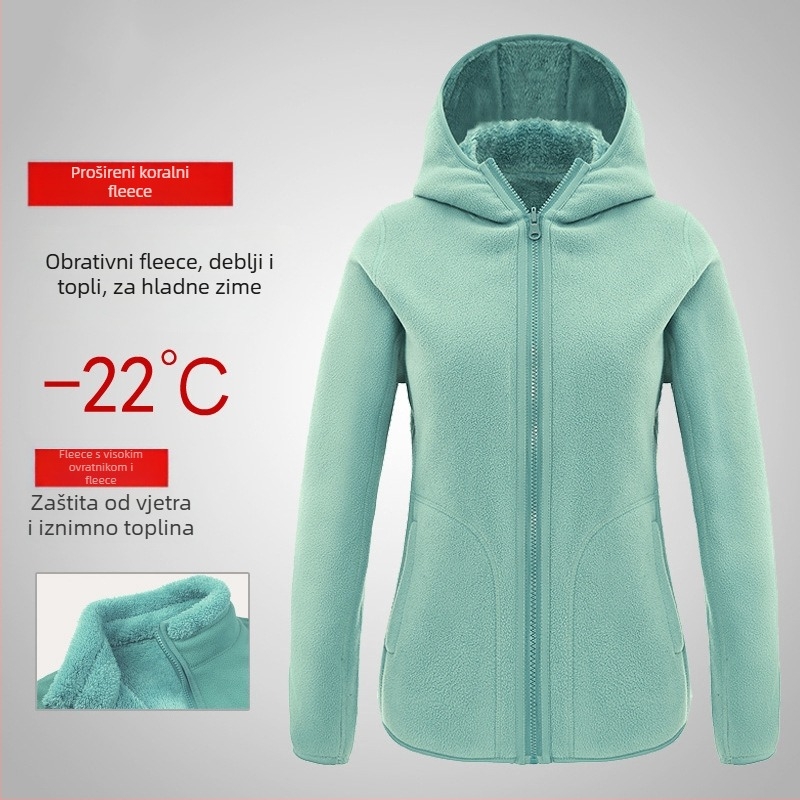 Unisex jakna od coral fleece s kapuljačom za jesen i zimu, toplina s polar fleece podstava, kardigan stil.