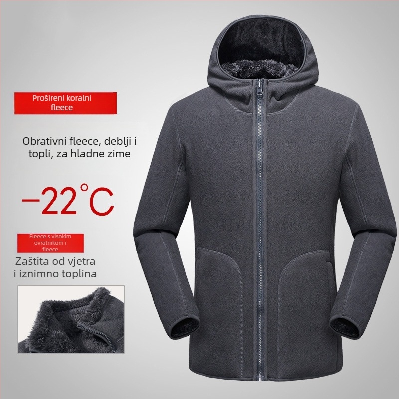Unisex jakna od coral fleece s kapuljačom za jesen i zimu, toplina s polar fleece podstava, kardigan stil.