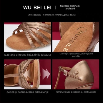 Ženske latino plesne cipele s pet remena u obliku slova T — gornji dio od svile, potplat od velura, prozračne, otporne na habanje