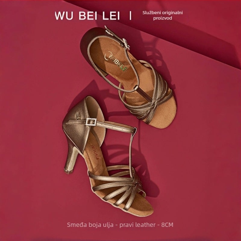 Ženske latino plesne cipele s pet remena u obliku slova T — gornji dio od svile, potplat od velura, prozračne, otporne na habanje