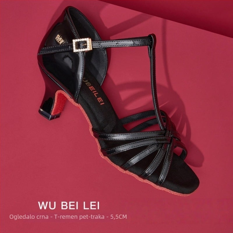 Ženske latino plesne cipele s pet remena u obliku slova T — gornji dio od svile, potplat od velura, prozračne, otporne na habanje