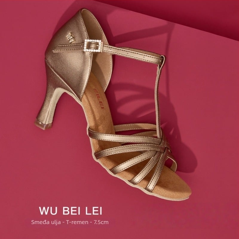 Ženske latino plesne cipele s pet remena u obliku slova T — gornji dio od svile, potplat od velura, prozračne, otporne na habanje