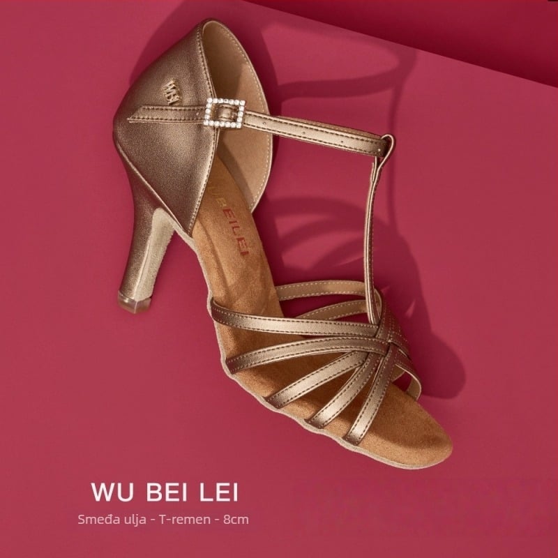 Ženske latino plesne cipele s pet remena u obliku slova T — gornji dio od svile, potplat od velura, prozračne, otporne na habanje