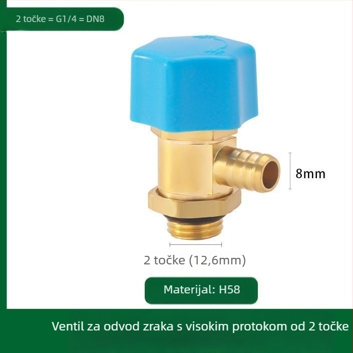 Ispušni ventil radiatora, bakreno tijelo, navojni spoj, 0–100°C, 8 mm grana, ventil za ispuštanje zraka