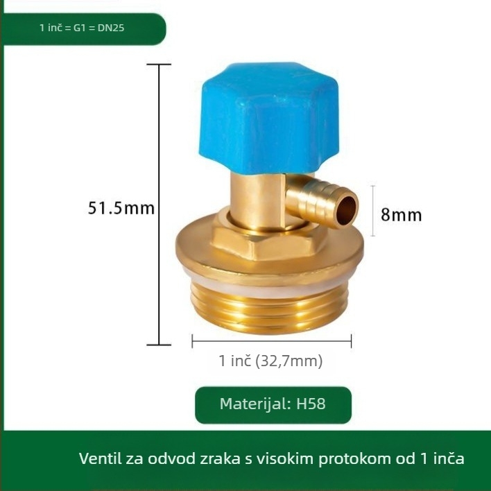 Ispušni ventil radiatora, bakreno tijelo, navojni spoj, 0–100°C, 8 mm grana, ventil za ispuštanje zraka
