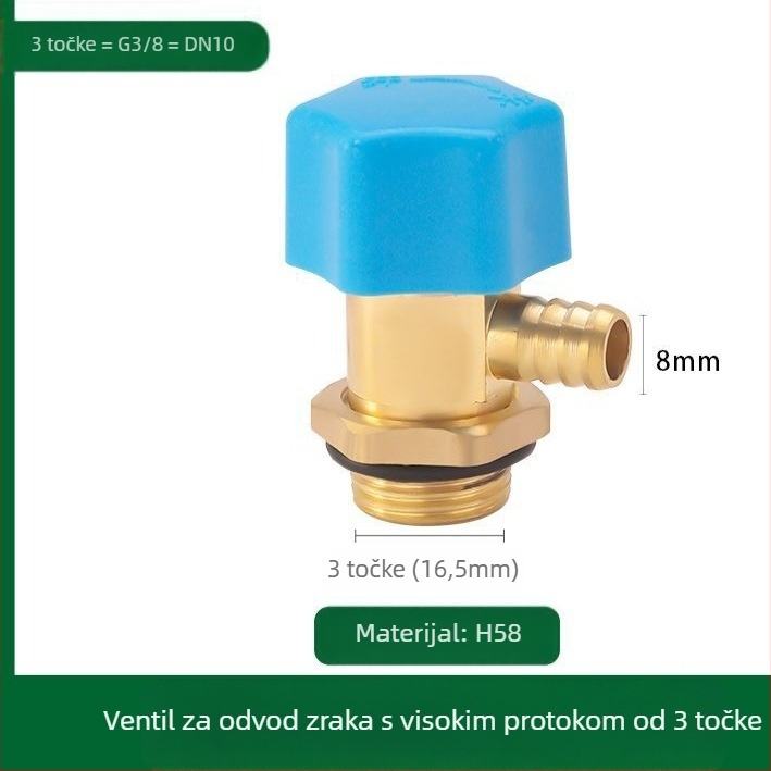 Ispušni ventil radiatora, bakreno tijelo, navojni spoj, 0–100°C, 8 mm grana, ventil za ispuštanje zraka