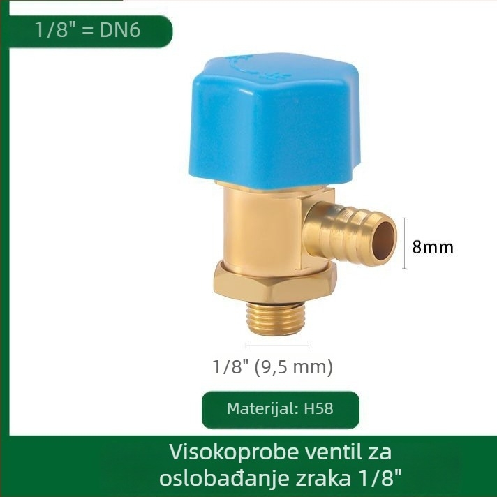 Ispušni ventil radiatora, bakreno tijelo, navojni spoj, 0–100°C, 8 mm grana, ventil za ispuštanje zraka