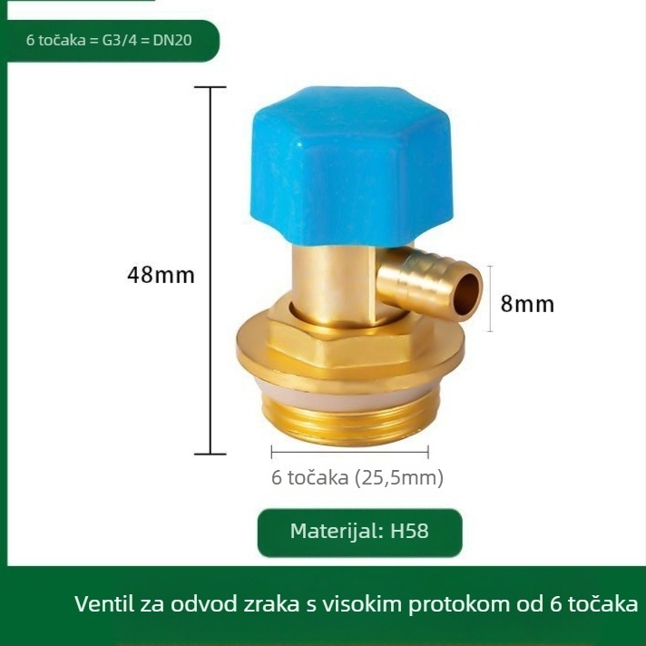 Ispušni ventil radiatora, bakreno tijelo, navojni spoj, 0–100°C, 8 mm grana, ventil za ispuštanje zraka