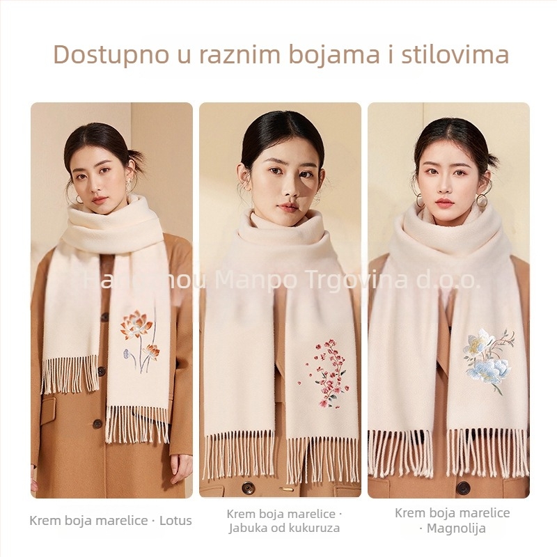 Šal od 100% vune, twill tkanina, vezen magnolijom u kineskom stilu, za žene, zimska toplina