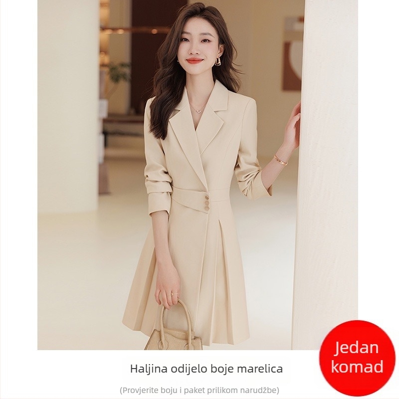 Haljina s ovratnikom u stilu sakoa, duge rukave, plisirana midi dužina, smjesa polyester-elastan