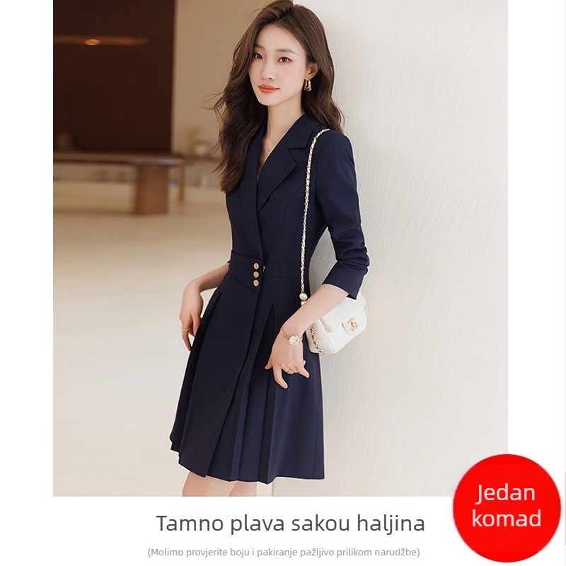 Haljina s ovratnikom u stilu sakoa, duge rukave, plisirana midi dužina, smjesa polyester-elastan