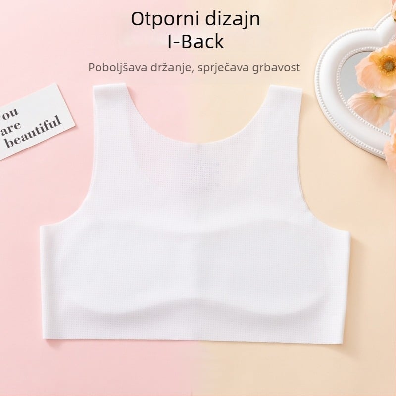 Dječji potkošuljni grudnjak s ice-silk materijalom, ultra tanke oblikovane košarice, pamuk podstava, fiksne dvostruke naramenice, prozračna stražnja strana