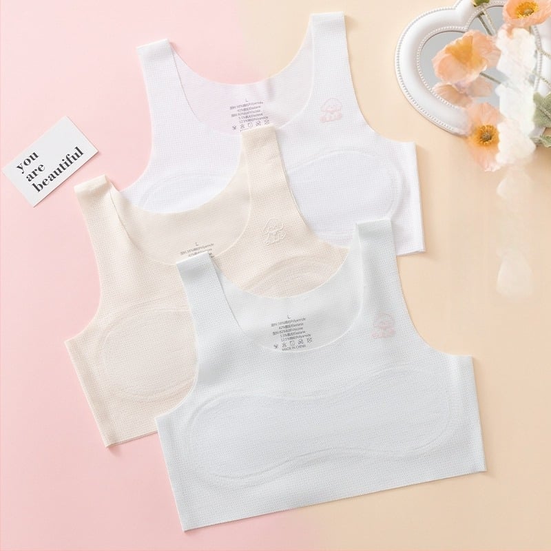Dječji potkošuljni grudnjak s ice-silk materijalom, ultra tanke oblikovane košarice, pamuk podstava, fiksne dvostruke naramenice, prozračna stražnja strana