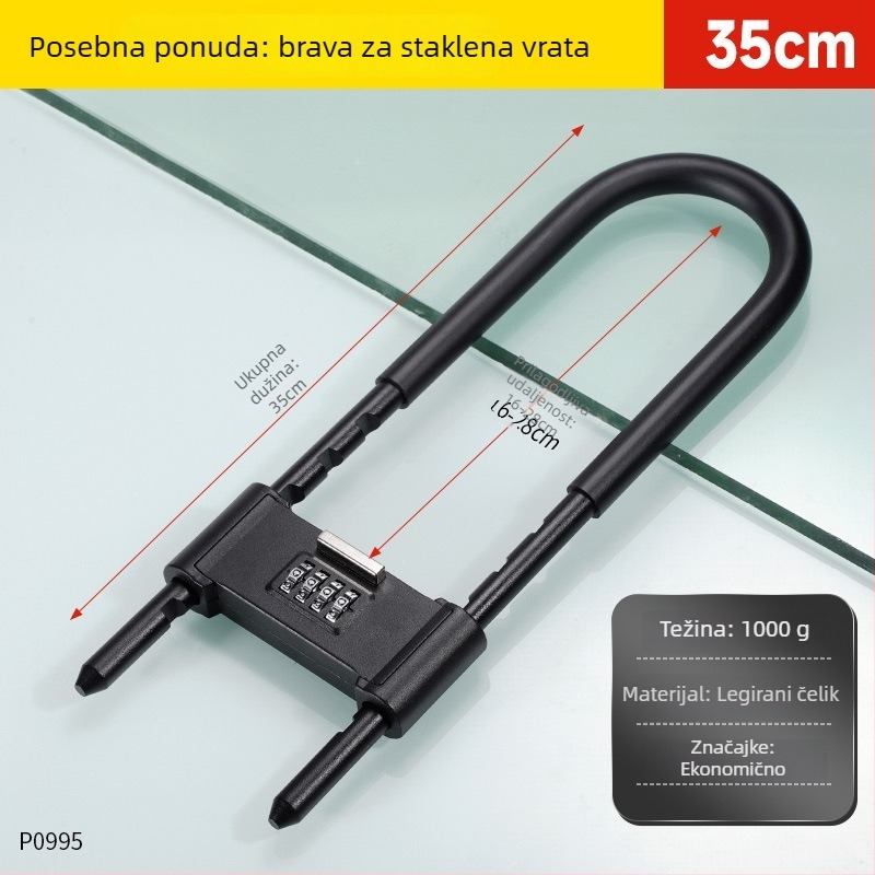 Kućna brava za staklena vrata s kodom i ključem, dvostruko otvaranje, ojačani cilindar klase Super C, kućište od aluminijske legure, debljina šipke brave 4 mm, razmak šipki 80 mm