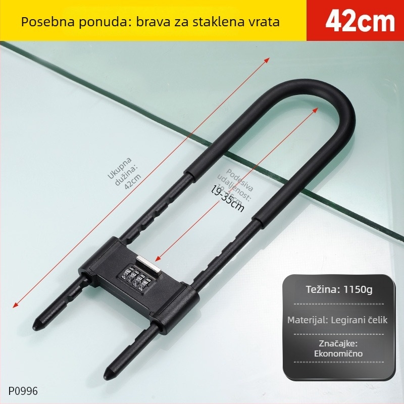 Kućna brava za staklena vrata s kodom i ključem, dvostruko otvaranje, ojačani cilindar klase Super C, kućište od aluminijske legure, debljina šipke brave 4 mm, razmak šipki 80 mm