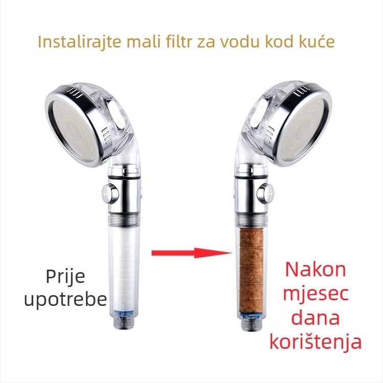 Tuš glava s negativnim ionima, prekidač jednim gumbom, 3 načina protoka, PP pamuk filtar, montaža s navojem