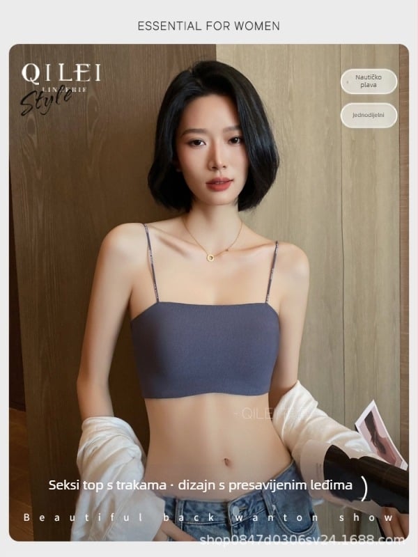 Sutien-vest s tube-top dizajnom, tanke oblikovane čašice, puna kupa, bez čeličnih obruča, fiksne dvostruke naramenice, najlonski materijal