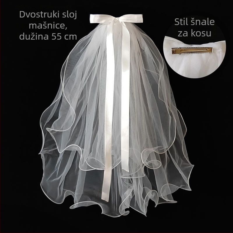 Vjenčani veo od mreže s mašnicom, dvostruki dio, retro stil, za odrasle i djecu