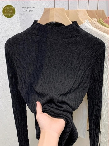 Ženski vuneni pleteni džemper – elegantan polu-visoki ovratnik, naglašena linija struka, dugi rukavi, tanko pletivo