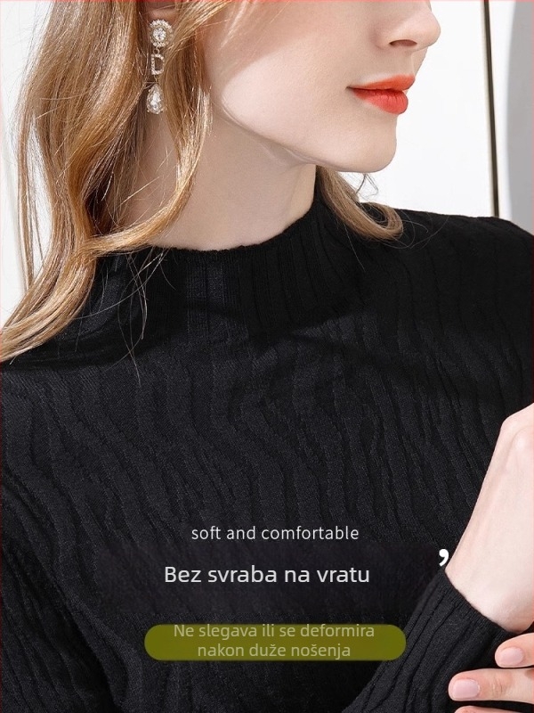 Ženski vuneni pleteni džemper – elegantan polu-visoki ovratnik, naglašena linija struka, dugi rukavi, tanko pletivo