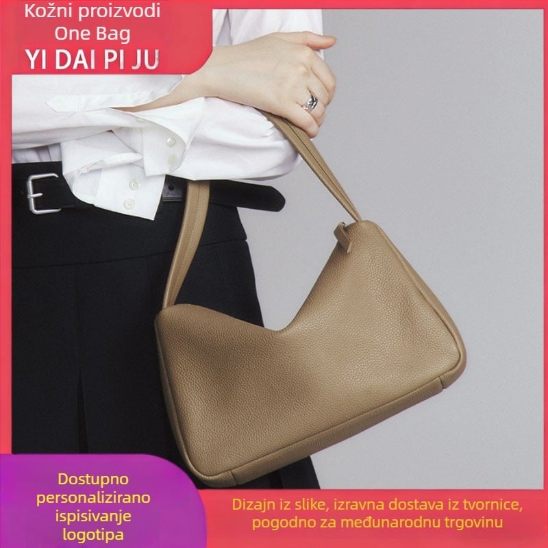Ženska baguette torba od prave kože, vrhunska koža, euro-američki retro stil, s jednim pretinacom na rame, zip otvorom i unutarnjim džepovima