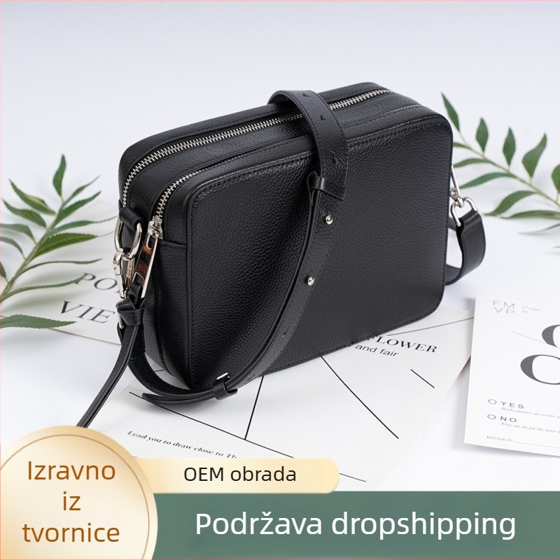Ženska crossbody torbica od kože prvog sloja, prava koža, gradski minimalistički stil, vodoravni kvadratni oblik, zatvarač na zip
