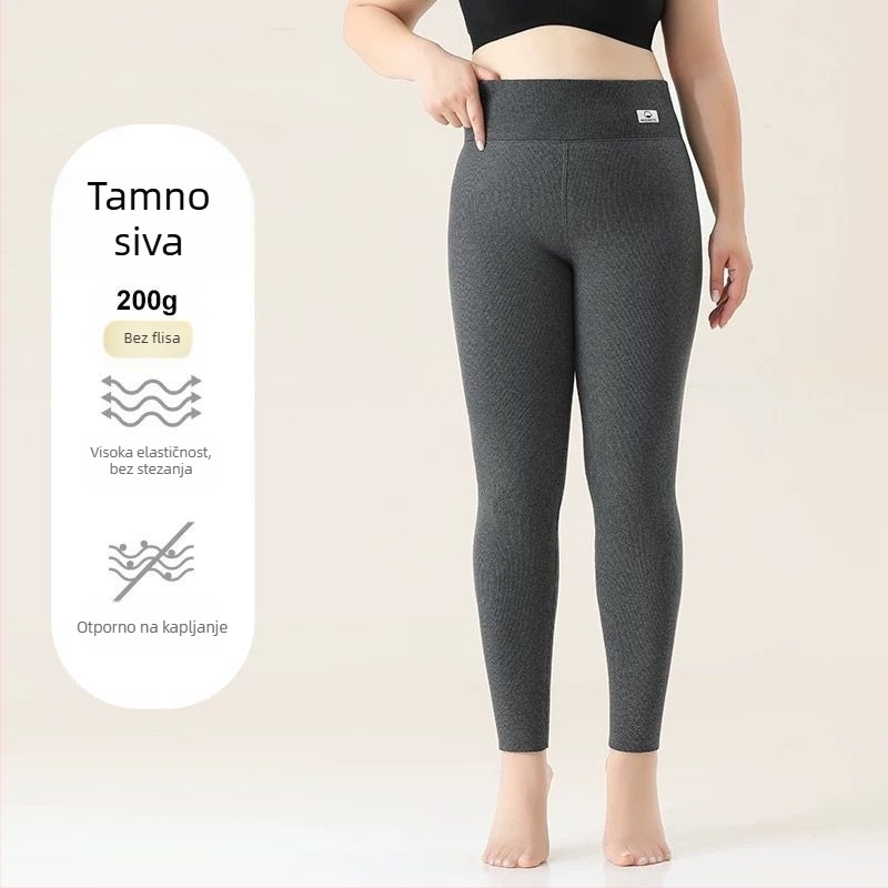 Ženske leggings od pamuka s flis unutarnjom podstavom, prugasti uzorak, visokim pasom, punom dužinom, pamuk-elastan tkanina