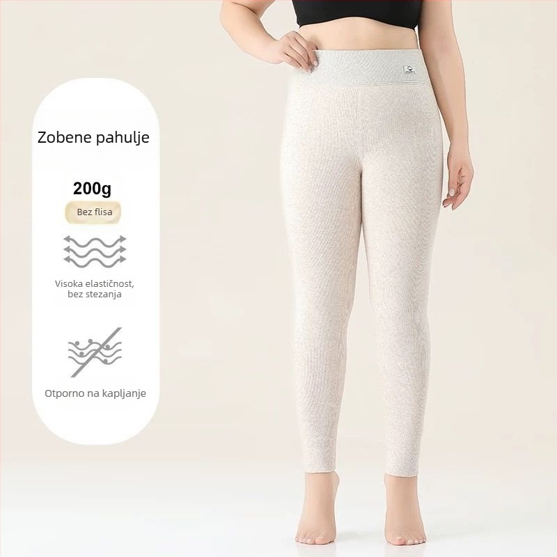 Ženske leggings od pamuka s flis unutarnjom podstavom, prugasti uzorak, visokim pasom, punom dužinom, pamuk-elastan tkanina