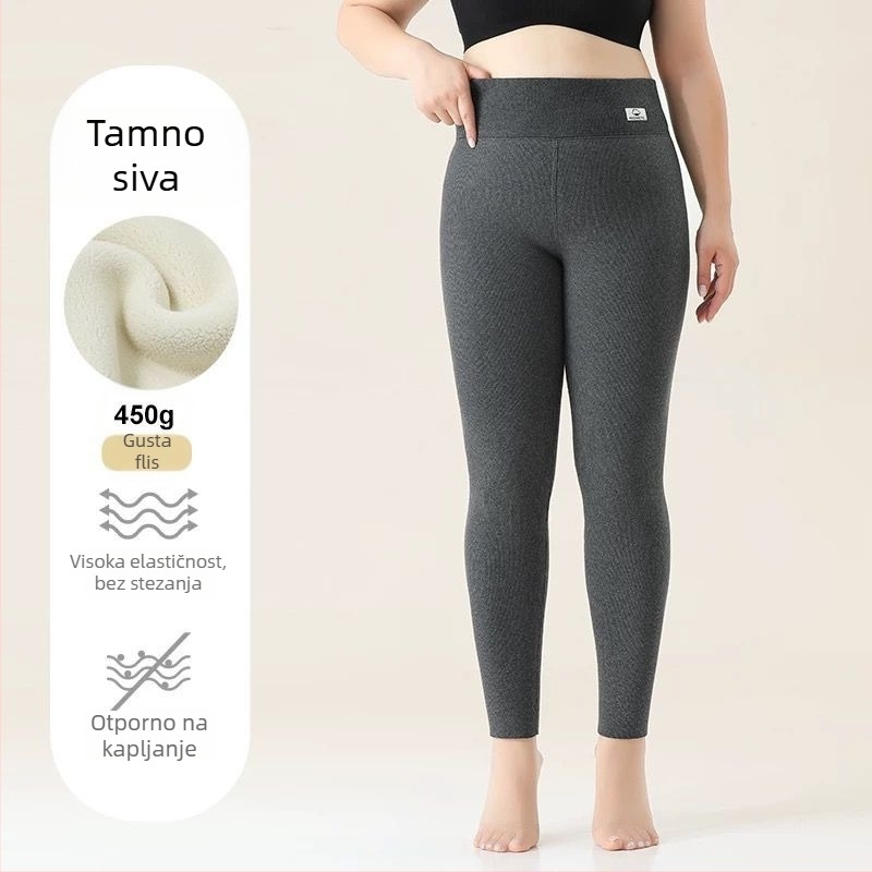 Ženske leggings od pamuka s flis unutarnjom podstavom, prugasti uzorak, visokim pasom, punom dužinom, pamuk-elastan tkanina