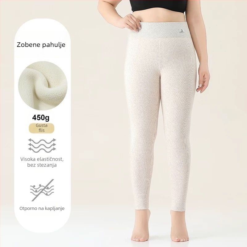 Ženske leggings od pamuka s flis unutarnjom podstavom, prugasti uzorak, visokim pasom, punom dužinom, pamuk-elastan tkanina