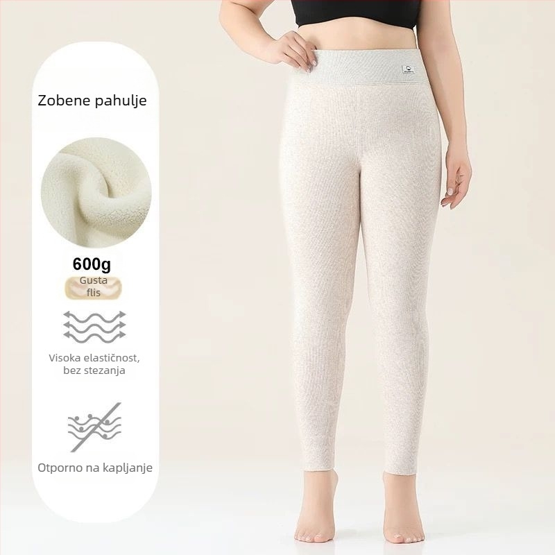 Ženske leggings od pamuka s flis unutarnjom podstavom, prugasti uzorak, visokim pasom, punom dužinom, pamuk-elastan tkanina