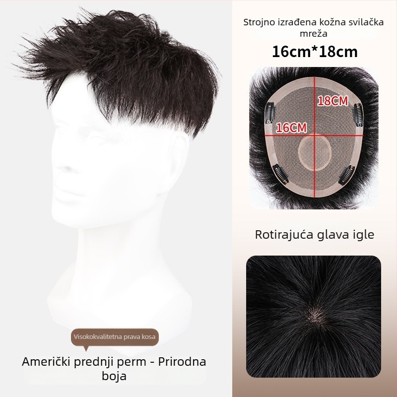 Muška perika – patch za vrh kose, stvarna ljudska kosa, polu ručno pletenje, može se bojiti, model Hair Patch