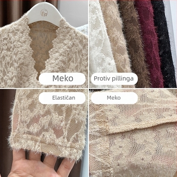 Čipkasti pleteni pulover s V-izrezom, mješavina poliestera i elastana, 3D dekorativni stil, elegantan zreo izgled, labav kroj, dugi rukavi