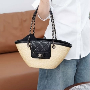 Torba Tote od pletene slamice, velika kapaciteta, unisex stil, horizontalni kvadratni oblik, pretinac za mobitel, dvostruke naramenice