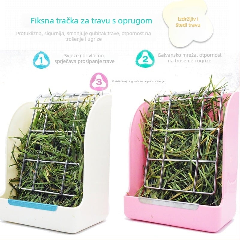 Krmilica za travu za zečeve, činčile i glodavce — vanjska, s oprugom, protiv rasipanja, protiv paše